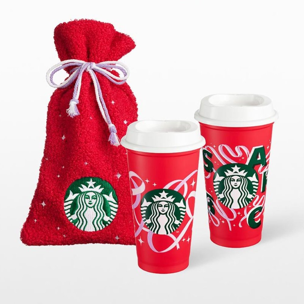 Starbucks set of 2 Holiday hot cups in red towelled bag